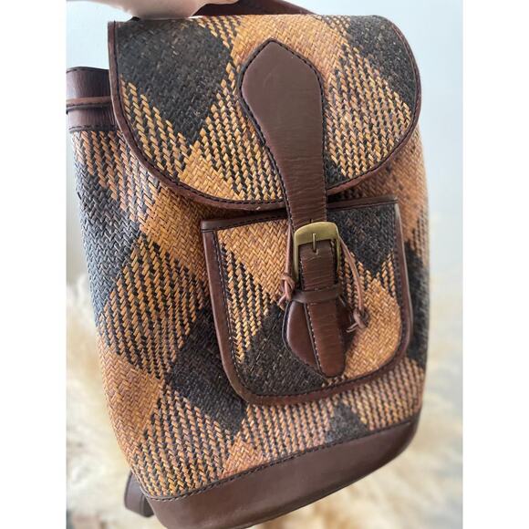 Vintage Plaid Woven Straw Backpack Brown Tan Bohemian Cottagecore Western main image 4